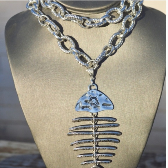 Conceptual Subculture Jewelry - Big Long Statement Fish Bones Pendant Necklace